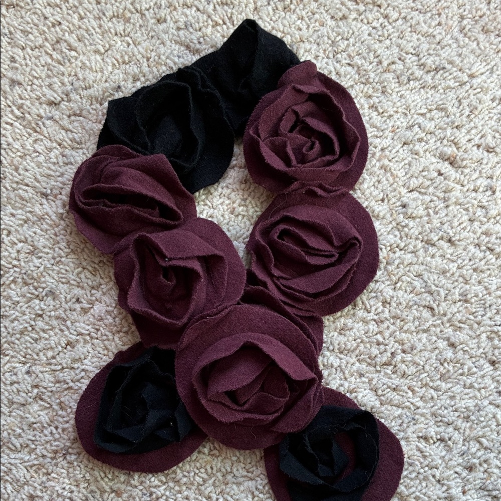 Elegant Felt Floral Scarf in Burgundy and Black